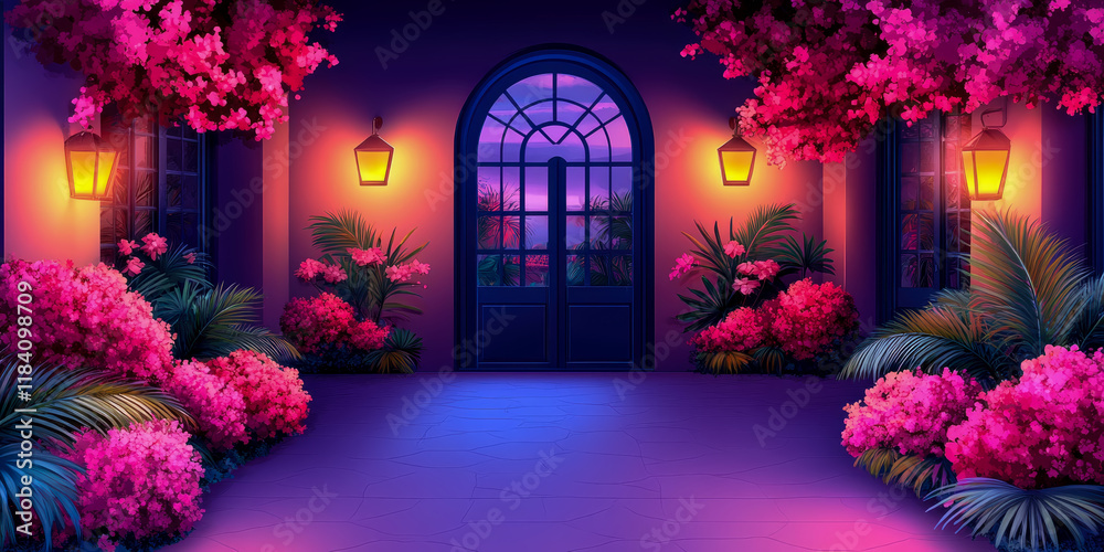 Fototapeta premium Nighttime Entrance: Illuminated Patio with Lush Bougainvillea and Palm Trees