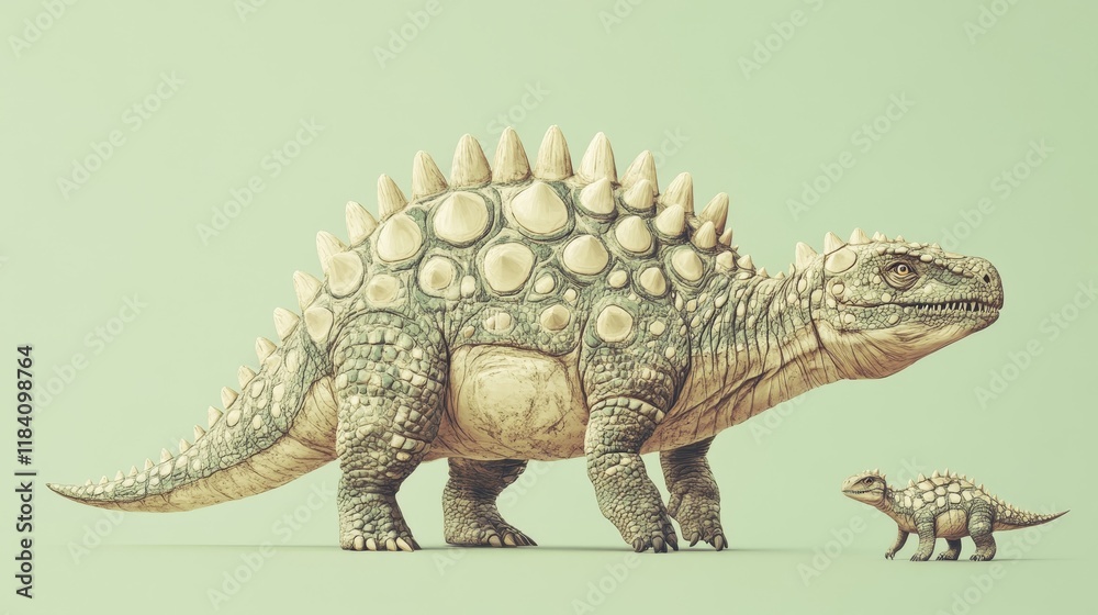 Obraz premium Protective Ankylosaurus Mother with Cute Offspring in Soft Neutral Tones on Flat Sage Green Background