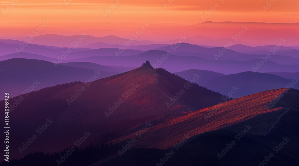 Stunning Sunset Over Mountain Range with Vibrant, Colorful Sky and Layers of Rolling Hills Stunning Sunset Over Mountain Range with Vibrant, Colorful Sky and Layers of Rolling Hills