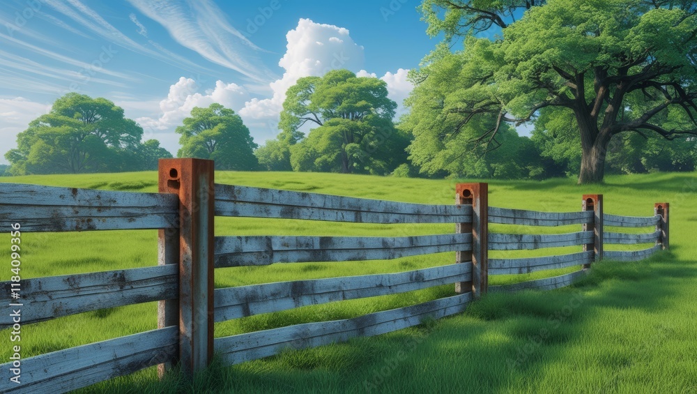 A rustic wooden fence encloses a lush green field under a bright blue sky, emphasizing tranquility and openness in a pastoral setting, inviting relaxation and enjoyment of nature. A rustic wooden fence encloses a lush green field under a bright blue sky, emphasizing tranquility and openness in a pastoral setting, inviting relaxation and enjoyment of nature.