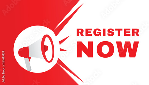 Register now banner and icon megaphone announcement vector graphic. Modern element for advertising announce.