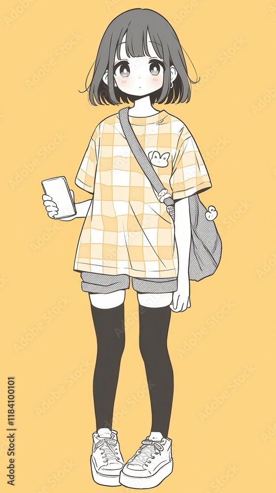 Fototapeta premium Adorable Anime Girl in Yellow Plaid Shirt Black Tights and White Sneakers