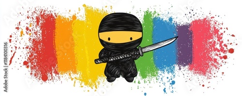 Cute Cartoon Ninja with Katana Against Vibrant Rainbow Splatter Paint Background photo