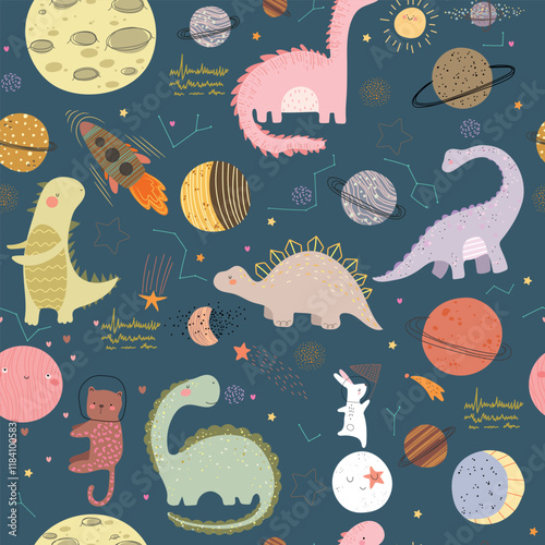 Seamless pattern with dino friends in space. Space sheap, planets, moon, dinosaurs, stars, dots and spots. Vector illustration with cute animal .