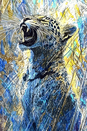 Fierce leopard roaring in colorful abstract grassland.