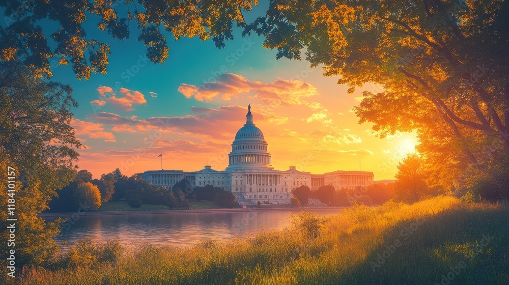 Obraz premium Capitol sunrise, autumn foliage, Washington DC, travel poster