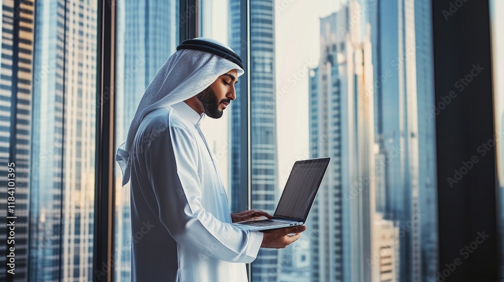 Successful Young Muslim Businessman in Traditional White Kandura Standing in His Modern Office, Using Laptop Computer Next to Window - Skyscrapers. Successful Saudi, Emirati, Arab Businessman Concept