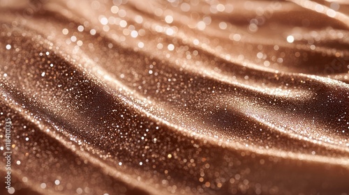 Shimmering bronze fabric with fine glitter reflecting light in a soft, flowing texture, Mocha Mousse trend color