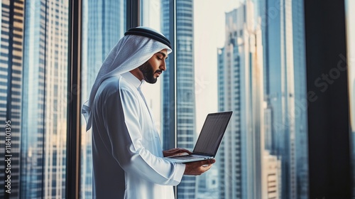 Obraz na płótnie Successful Young Muslim Businessman in Traditional White Kandura Standing in His Modern Office, Using Laptop Computer Next to Window - Skyscrapers. Successful Saudi, Emirati, Arab Businessman Concept w salonie