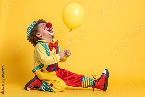 Funny kid clown playing against yellow background