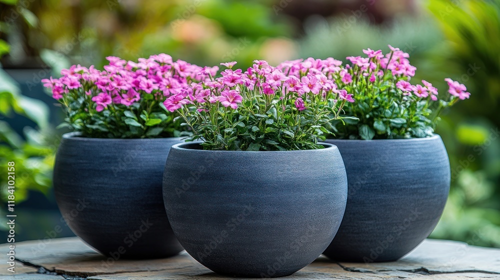 Three pink flowering plants in gray round pots. Three pink flowering plants in gray round pots.