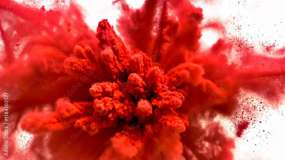 Red Powder Explosion Hologram Abstract Background Animation Video Footage, Dynamically Shows Colorful Burst with Intense Energy and Vibrant Movement. 4K Ultra HD Seamless Loop
