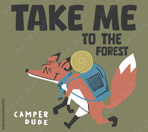 Vector cartoon camper fox illustration for t shirt prints 