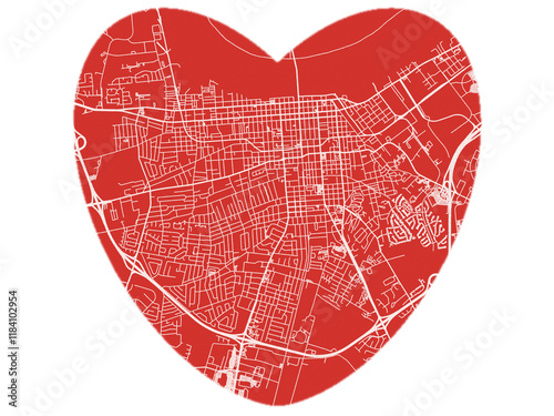 Heart-Shaped Map of Owensboro Kentucky, USA in Bold Red and White Design.