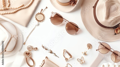 A flat lay of summer accessories on a white background.