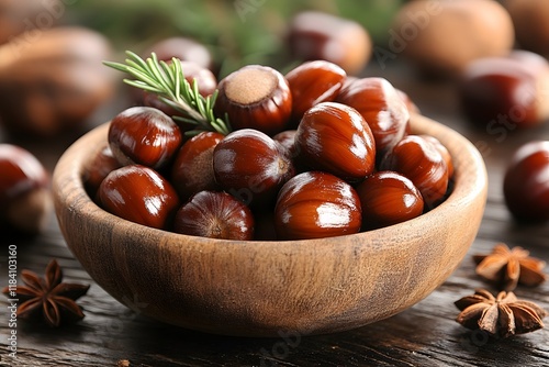 Rustic Autumn Chestnuts with Rosemary and Star Anise in Wooden Bowl - Perfect for Seasonal Recipes and Decor
