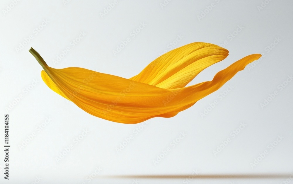 A vibrant yellow sunflower petal hovering mid-air on a clear white backdrop A vibrant yellow sunflower petal hovering mid-air on a clear white backdrop