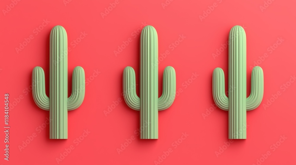 Three Stylized Cacti on Red Background - Minimalist Desert Plant Design Three Stylized Cacti on Red Background - Minimalist Desert Plant Design
