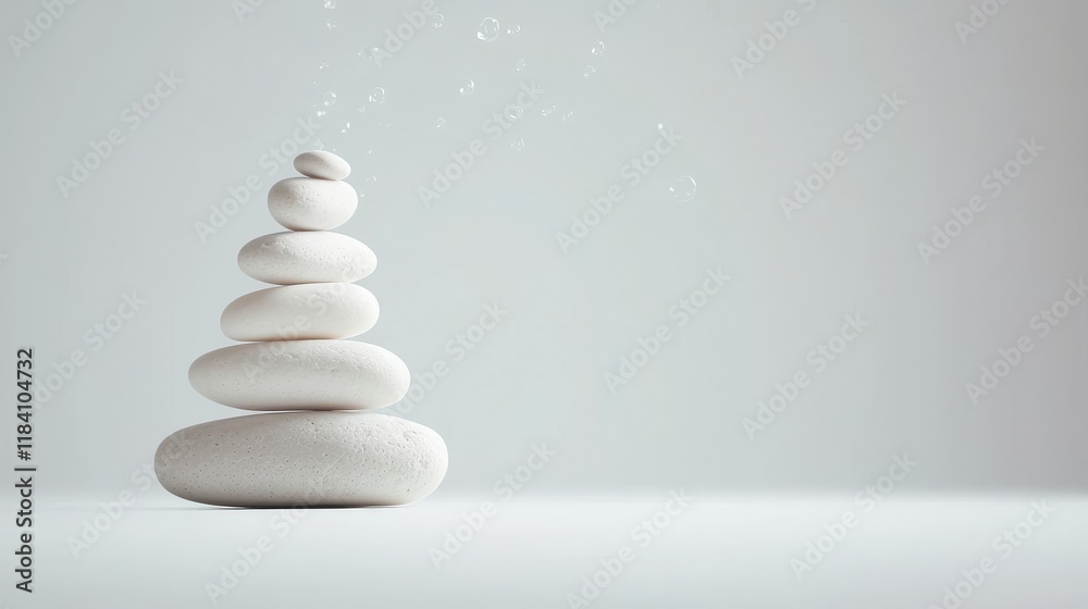 Obraz premium Stacked white stones with floating bubbles, symbolizing balance, purity, and tranquility in a spa setting.