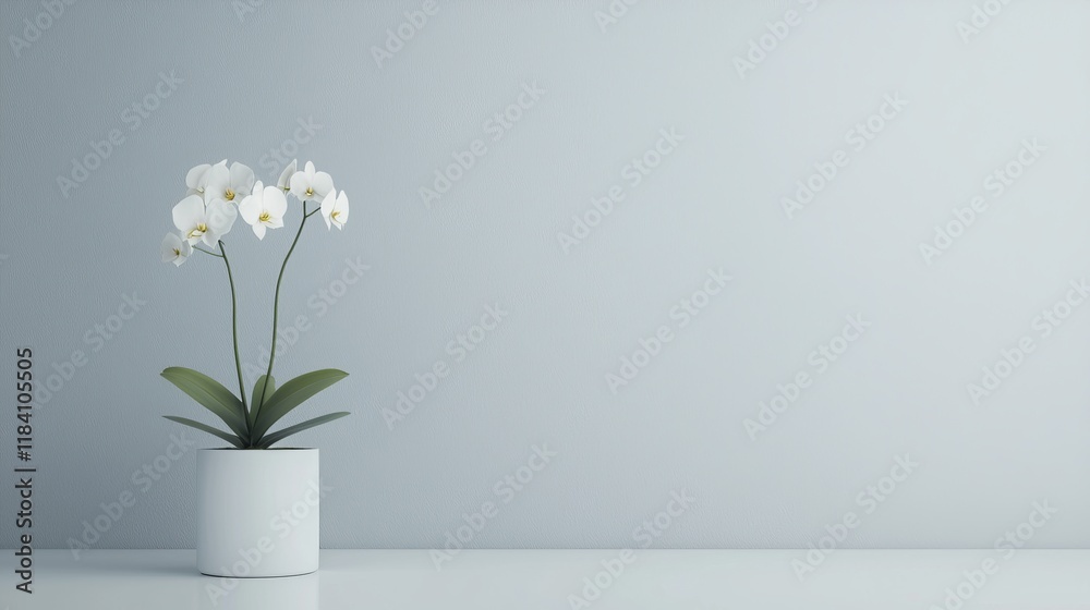 White orchid in a pot against a muted blue wall, creating a sense of elegance and tranquility in a spa setting. White orchid in a pot against a muted blue wall, creating a sense of elegance and tranquility in a spa setting.