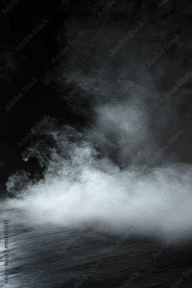 Fototapeta premium Dark atmospheric setting with swirling smoke and fog perfect for horror-themed presentations or product displays in a theatrical environment
