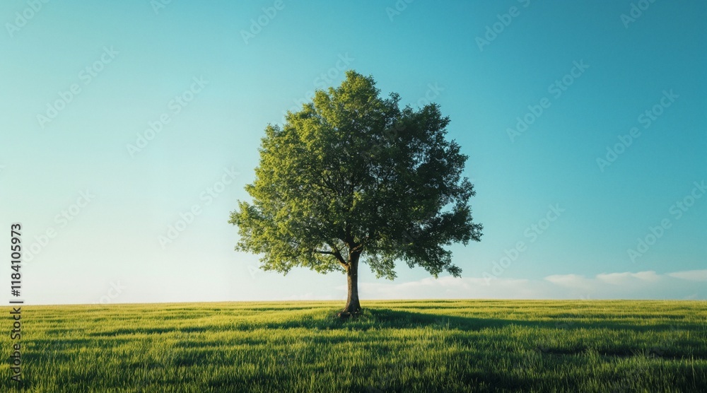 Solitary Tree in Expansive Field Under Clear Blue Sky Solitary Tree in Expansive Field Under Clear Blue Sky