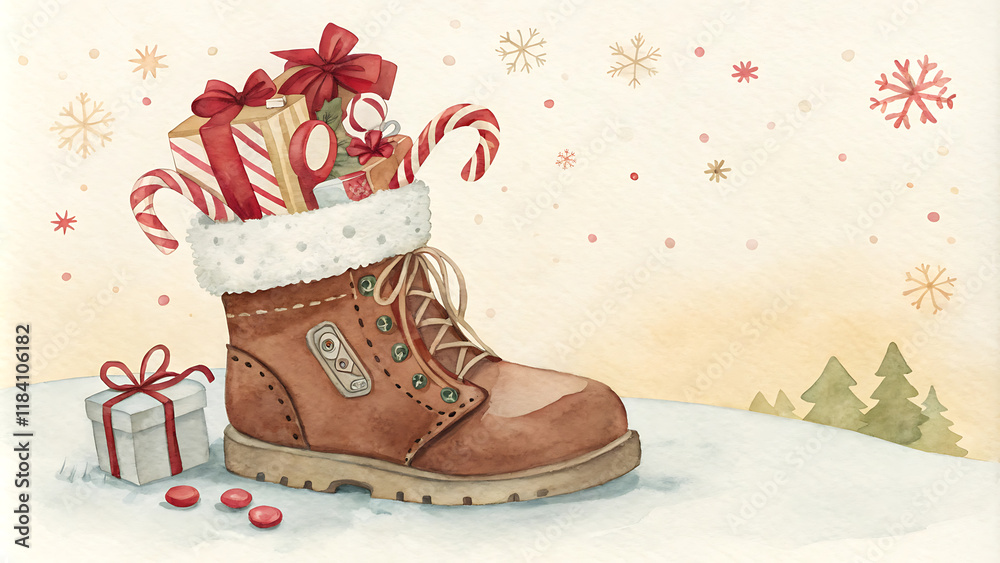 Saint nicholas day cozy watercolor scene with festive objects and gifts.