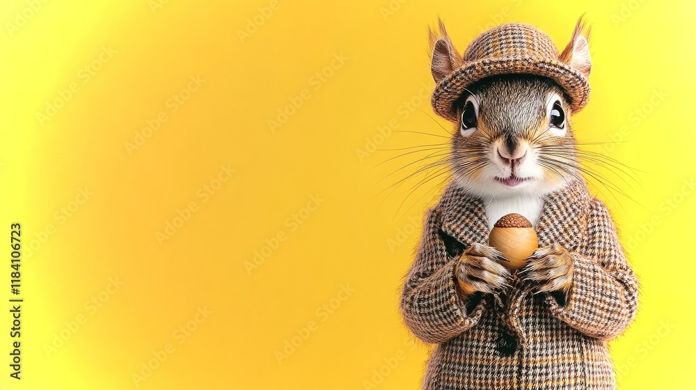 Mischievous squirrel in brown tweed outfit holding acorn against a vibrant yellow background Mischievous squirrel in brown tweed outfit holding acorn against a vibrant yellow background