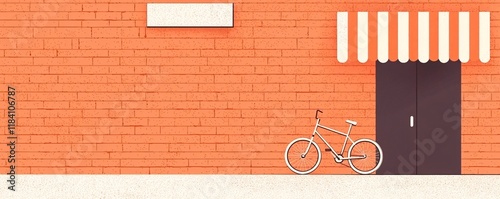 Bicycle Leaned Against Brick Wall with Shop Awning photo