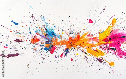 Bright colorful paint splashes exploding mid-air on a clean white background, dynamic and vibrant