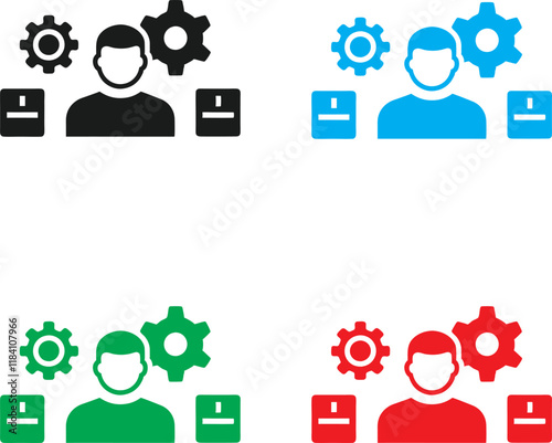 minimalist icons, user profiles with gears, circular head silhouettes, abstract human representations, colorful geometric shapes, simple vector graphics, technical support symbols, account settings co