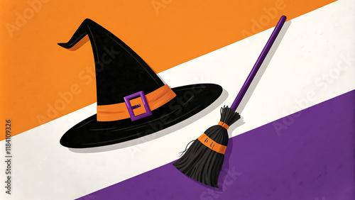 Bold halloween witch hat and broom design for festive decor and graphics. photo