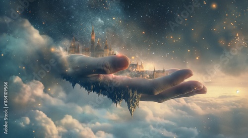 Majestic Castle in Hand Amidst Dreamlike Clouds