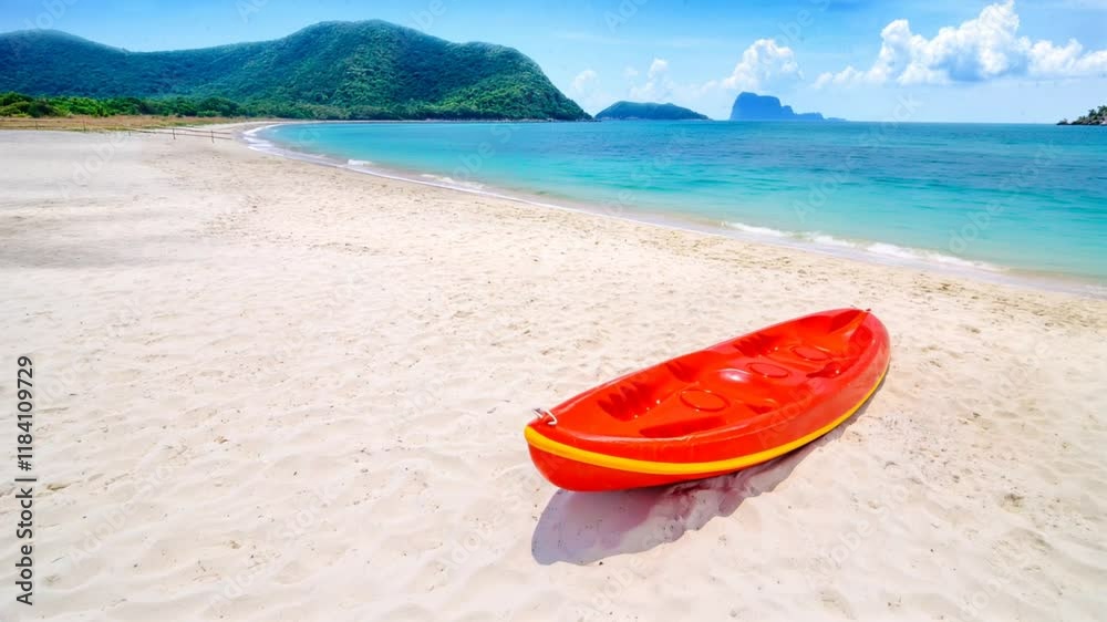 Bright orange kayak rests on sandy beach near tranquil blue water with distant mountains under a sunny sky Bright orange kayak rests on sandy beach near tranquil blue water with distant mountains under a sunny sky