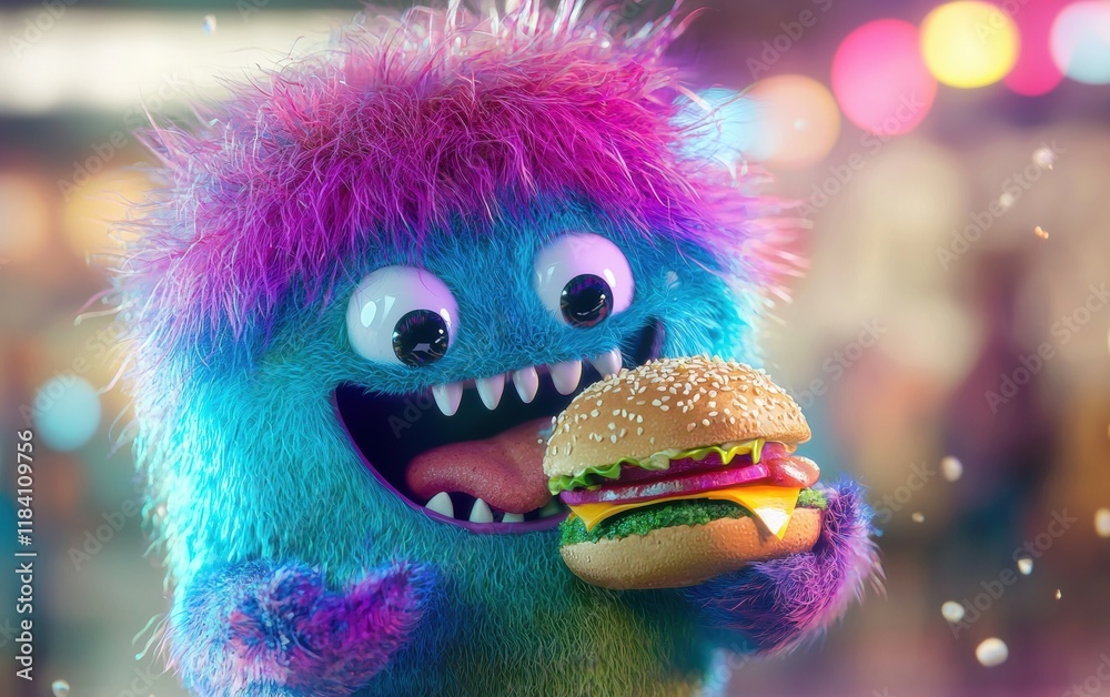 Fototapeta premium cute bright furry monster eat burger smiled and happy