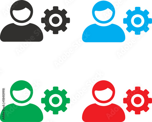 minimalist icons, user profiles with gears, circular head silhouettes, abstract human representations, colorful geometric shapes, simple vector graphics, technical support symbols, account settings co