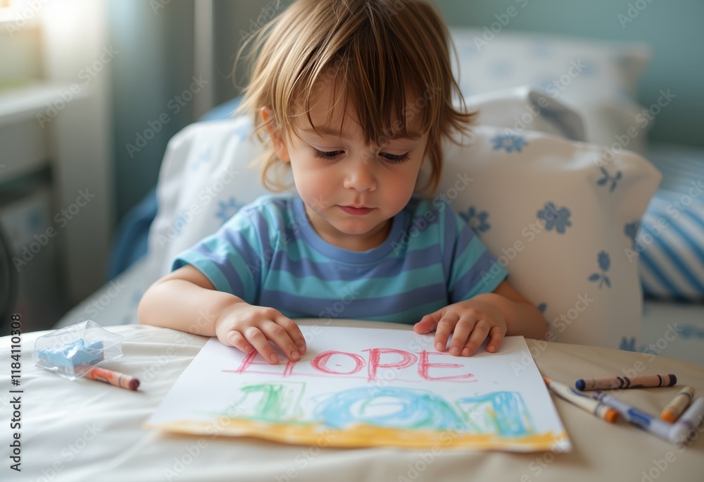 Child Drawing with Crayons, Creating 'HOPE' Artwork on Paper at Home Child Drawing with Crayons, Creating 'HOPE' Artwork on Paper at Home