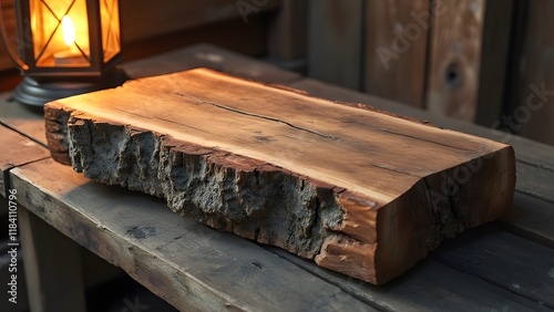Rustic Weathered Wooden Plank on Distressed Table, Warm Golden Light, Earthy Tones, Umber, Sienna, Cedar - Natural Wood Texture