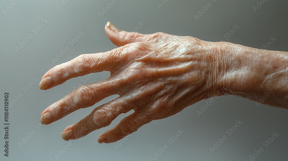 Close-up of an aged hand with prominent veins and wrinkles, placed against a plain backdrop, focusing on the texture and natural details of mature skin. Close-up of an aged hand with prominent veins and wrinkles, placed against a plain backdrop, focusing on the texture and natural details of mature skin.