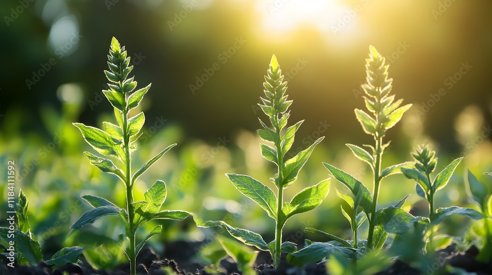 Fototapeta premium Lush Green Field of Vibrant Plants Bathed in Warm Sunshine with Clear Blue Sky Creating a Peaceful and Inviting Atmosphere of Natural Beauty