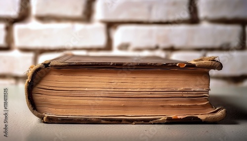 an old book in a battered binding lies against a brick wall made of light brick close up selective focus photo