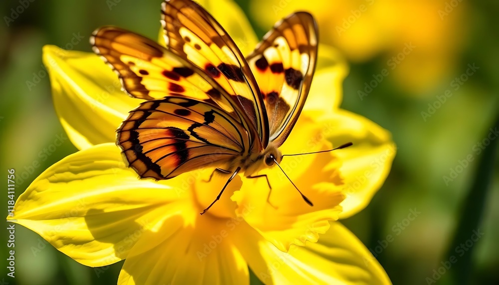 Butterfly on Yellow Daffodil: A Vibrant Springtime Scene Butterfly on Yellow Daffodil: A Vibrant Springtime Scene