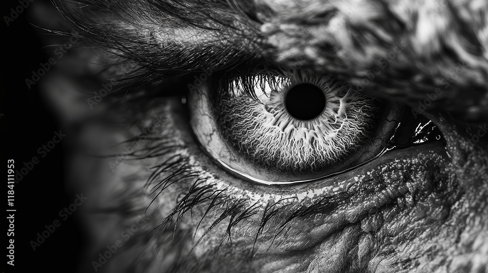 Obraz premium Extreme close-up of eye surrounded by crow’s feet wrinkles, soft skin folds, detailed iris texture, delicate lash shadows emphasizing natural aging process.