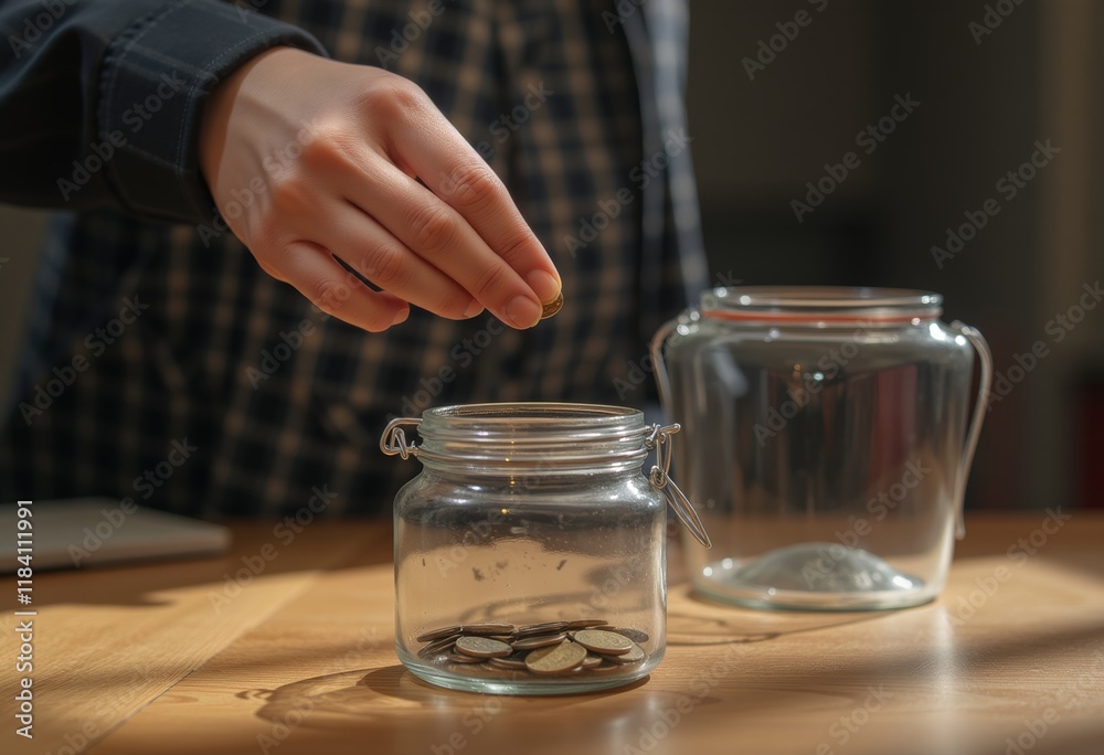 Hand Dropping Coin into a Glass Jar with Another Empty Jar on Wooden Surface, Representing Saving Money Hand Dropping Coin into a Glass Jar with Another Empty Jar on Wooden Surface, Representing Saving Money