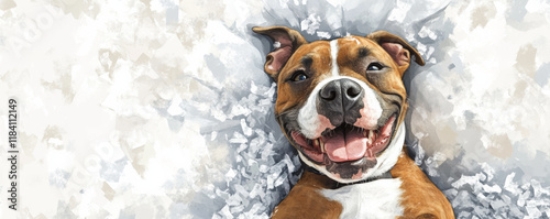 Playful Staffordshire Terrier lying amidst shredded paper, showcasing joyful expression. This happy dog exudes warmth and charm, perfect for pet lovers