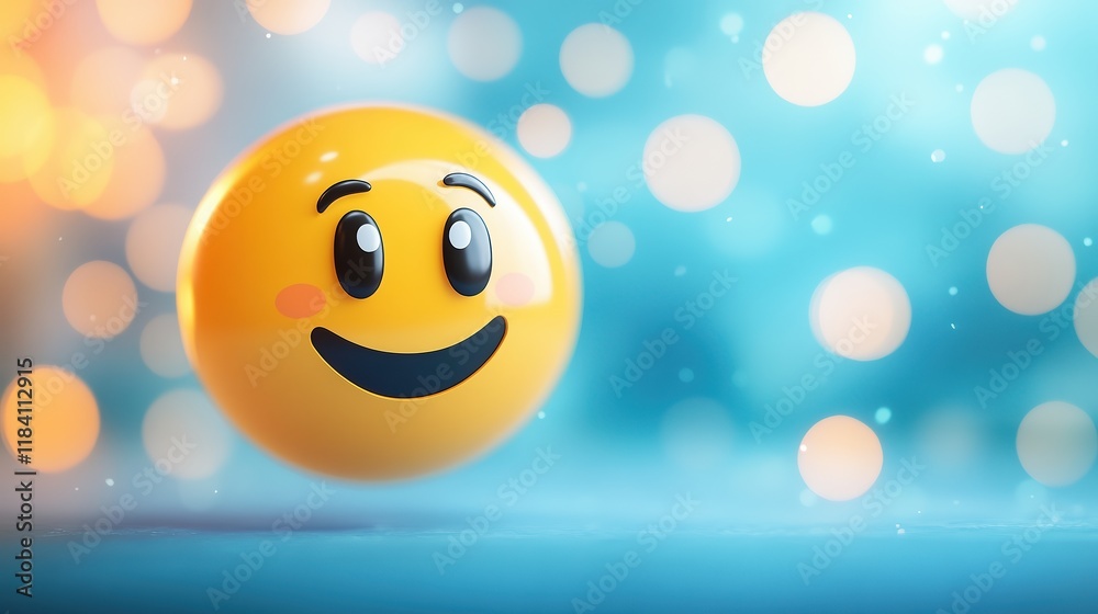 Naklejka premium Smiling emoji with glowing cheeks floating on dreamy blue background with bokeh lights. Symbolizes joy, excitement, and positive emotions in a playful, celebratory atmosphere.