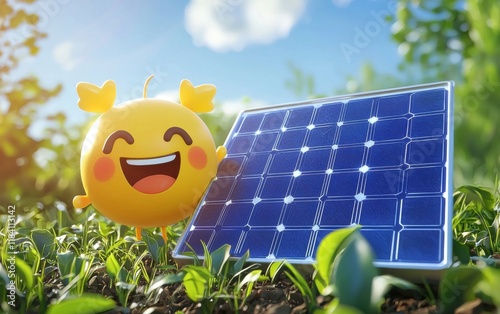 cute solar panel charachter smiled and happy photo