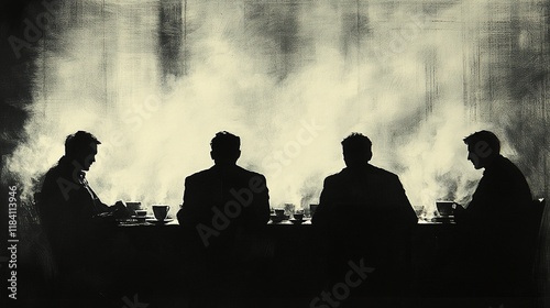 Silhouetted men meeting at table in smoky room