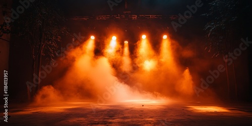 Yellow and white spotlights illuminating a stage floor in a dark room with dynamic lighting effects.