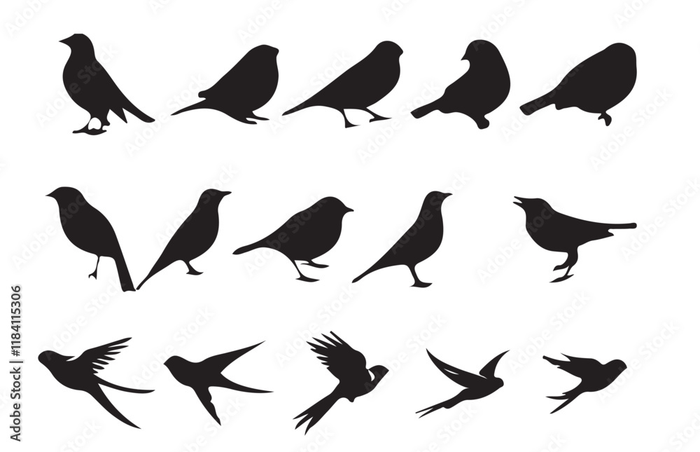 Set of black bird silhouettes. Vector elements for designfly illustration sign collection. nature symbol. Set of black bird silhouettes. Vector elements for designfly illustration sign collection. nature symbol.